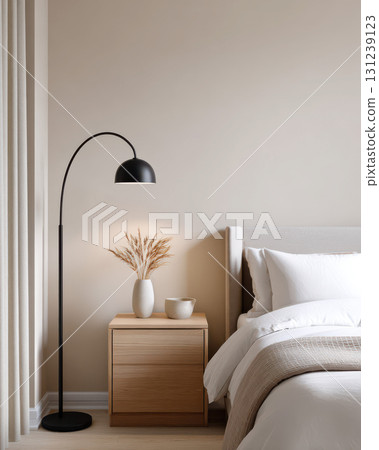 Serene bedroom interior design with modern minimalist style. cozy bed, wooden nightstand, and black floor lamp create calm, relaxing, and comfortable home decor scene Serene bedroom interior design with modern minimalist style. cozy bed, wooden nightstand, and black floor lamp create calm, relaxing, and comfortable home decor scene 131239123