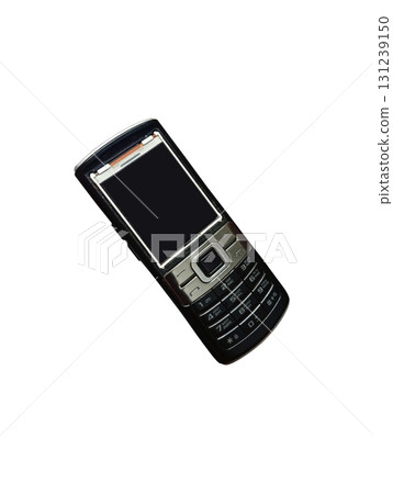 A black push-button mobile phone with a disassembled display on a white background A black push-button mobile phone with a disassembled display on a white background 131239150