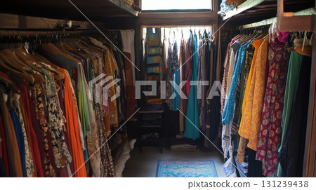 A colorful vintage-style wardrobe filled with an eclectic mix of patterned dresses, scarves, and bohemian clothing on hangers 131239438
