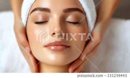 A close-up of a woman receiving a relaxing facial massage at a spa, showcasing smooth glowing skin, natural beauty 131239443