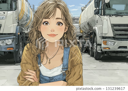 Miyu series: Miyu supervises the gasoline distribution tanker truck, outdoor oil base 131239617