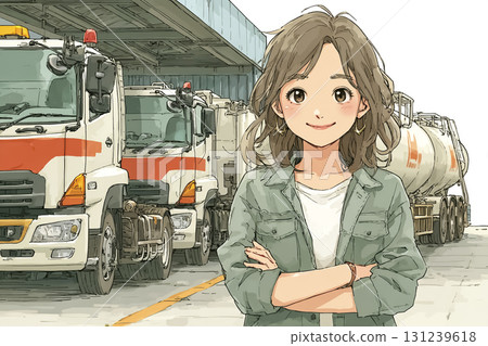 Miyu series: Miyu supervises the gasoline distribution tanker truck, outdoor oil base 131239618