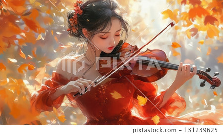 A dreamy fantasy scene of a woman in a flowing red dress playing the violin amidst swirling autumn leaves A dreamy fantasy scene of a woman in a flowing red dress playing the violin amidst swirling autumn leaves 131239625