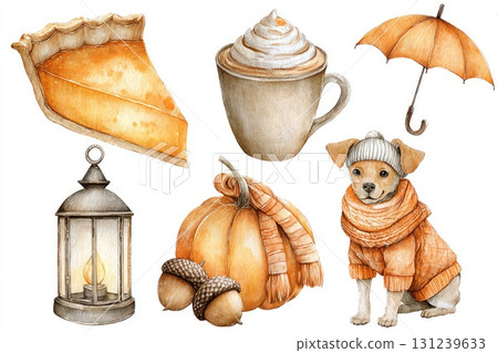 Autumn cozy set with dog, pie and pumpkin 131239633