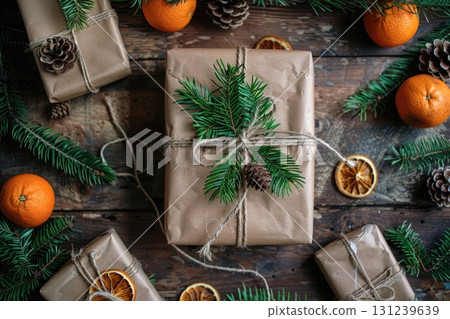 Christmas gift wrapping with natural decor Christmas gift wrapping with natural decor 131239639