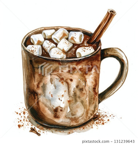 Watercolor cup of hot chocolate with marshmallows and cinnamon stick Watercolor cup of hot chocolate with marshmallows and cinnamon stick 131239643