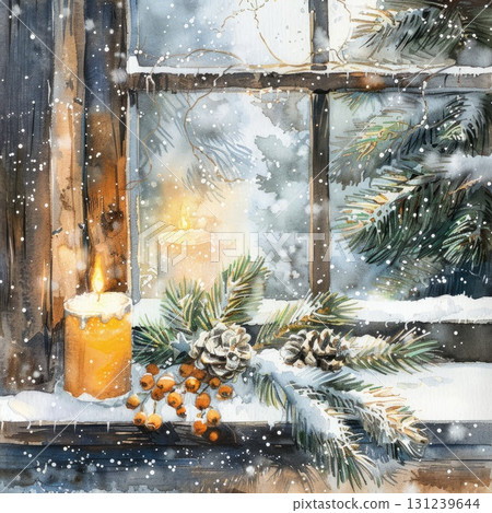Winter holiday window with candle pine branches and falling snow watercolor 131239644