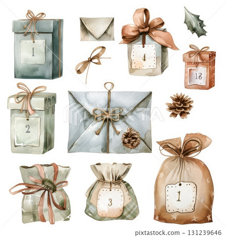 Watercolor advent calendar gifts and packages with pinecone decoration 131239646