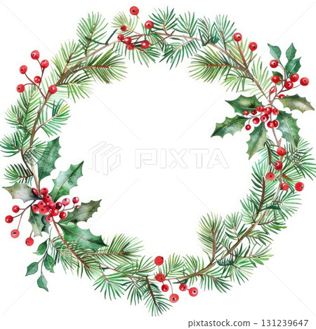 Christmas wreath with holly berries and pine watercolor circle frame Christmas wreath with holly berries and pine watercolor circle frame 131239647