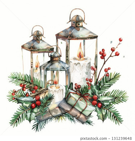 Christmas lanterns with candles gifts and holly festive watercolor set Christmas lanterns with candles gifts and holly festive watercolor set 131239648