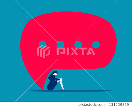 Sad. Businessman sitting under speech bubbles. 131239839