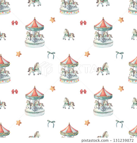 Seamless pattern, merry-go-round carousel, star, bow. Hand-painted watercolor illustration isolated on white for printing on textile, wallpaper, packaging, stationery, children decor, festive projects 131239872