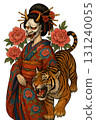Oiran wearing tiger and Hannya masks 131240055