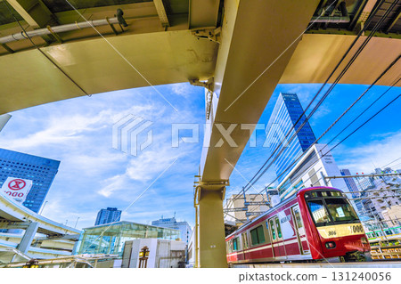 Yokohama cityscape in Japan, including Yokohama Station, JR Yokohama Tower, and Keikyu trains 131240056