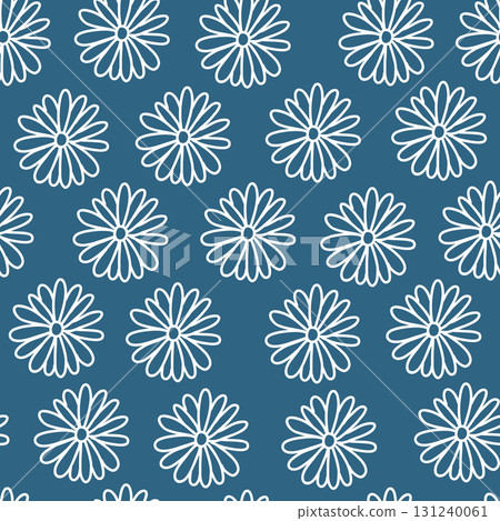Chamomile, Aster floral seamless pattern. White line Hand drawn Daisy Flower illustration in simple Doodle style on a blue background. For packaging, textile prints, wallpaper design. Chamomile, Aster floral seamless pattern. White line Hand drawn Daisy Flower illustration in simple Doodle style on a blue background. For packaging, textile prints, wallpaper design. 131240061