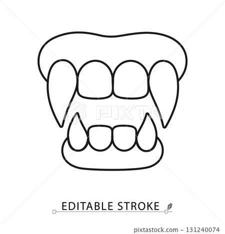 Vampire fangs icon in a minimalist style with editable stroke. Halloween monster teeth, dracula jaw, horror symbol, scary costume element, gothic party decoration, spooky bite concept. 131240074