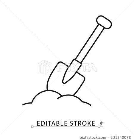 A shovel in the ground icon in a minimalist style with editable stroke. Gardening tool, digging equipment, construction work symbol, farming instrument, ground excavation, soil work concept. A shovel in the ground icon in a minimalist style with editable stroke. Gardening tool, digging equipment, construction work symbol, farming instrument, ground excavation, soil work concept. 131240078