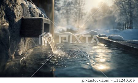 An open-air hot spring bath with a beautiful winter snow scene 131240109
