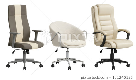 Three stylish office chairs isolated on a white background. 131240155