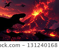 在火山爆發的世界中，恐龍與隕石對峙的剪影 131240168