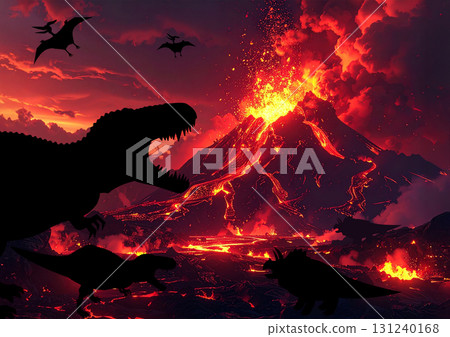 在火山爆發的世界中，恐龍與隕石對峙的剪影 131240168