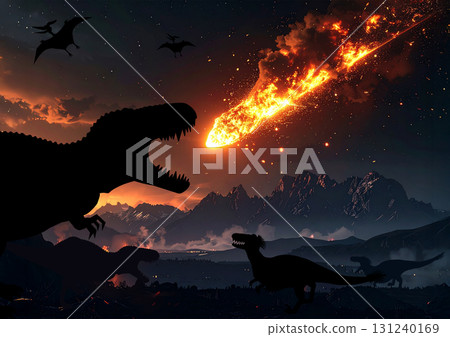 A huge meteor streaks across the night sky, a scene of apocalypse dinosaurs looking up at (original dinosaur silhouette) A huge meteor streaks across the night sky, a scene of apocalypse dinosaurs looking up at (original dinosaur silhouette) 131240169