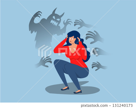 Woman scared of his own monster shadow. Mental health disorder, stress, impostor syndrome, and phobia.Anxiety, panic attack, and depression metaphor.vector Woman scared of his own monster shadow. Mental health disorder, stress, impostor syndrome, and phobia.Anxiety, panic attack, and depression metaphor.vector 131240173