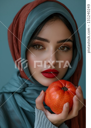 A woman in a colorful hijab holds a bright orange while posing against a soft blue background, radiating beauty. 131240249