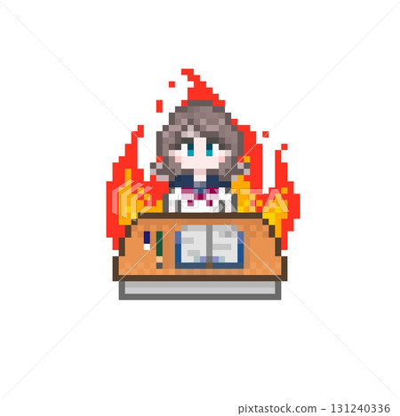 在像素藝術書桌前學習的女學生：水手服 131240336