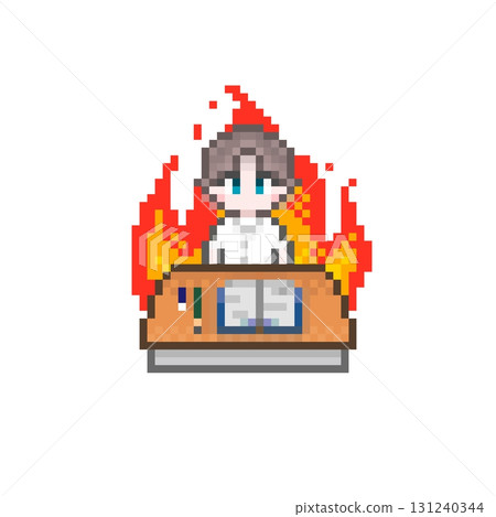 Male student studying at a pixelated desk: Summer uniform 131240344
