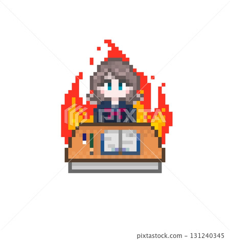 Female student studying at a pixel art desk: Sailor suit Female student studying at a pixel art desk: Sailor suit 131240345