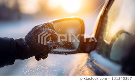 Hand in glove cleaning ice and snow from a frozen car mirror during a cold winter sunrise 131240397