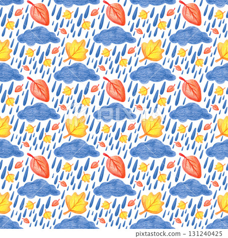 Seamless autumn pattern made with colored pencils. Botanical illustration with clouds, rain and bright autumn leaves. A child's drawing. For textiles, packaging, wallpaper, tableware. Seamless autumn pattern made with colored pencils. Botanical illustration with clouds, rain and bright autumn leaves. A child's drawing. For textiles, packaging, wallpaper, tableware. 131240425