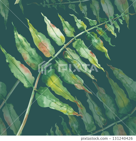 Watercolor seamless pattern with hand-drawn green fern. Botanical illustration of a forest plant on a dark green background. For decoration of forest themes, packaging, textiles, wallpaper, dishes. Watercolor seamless pattern with hand-drawn green fern. Botanical illustration of a forest plant on a dark green background. For decoration of forest themes, packaging, textiles, wallpaper, dishes. 131240426