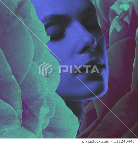 Blue woman face and flower blossoms collage Blue woman face and flower blossoms collage 131240443