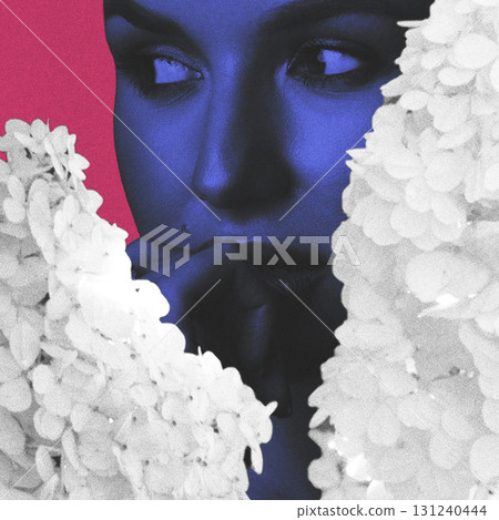 Blue woman face and white flower blossoms collage 131240444