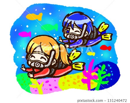 Chibi character illustration of a man and woman scuba diving in the ocean Chibi character illustration of a man and woman scuba diving in the ocean 131240472