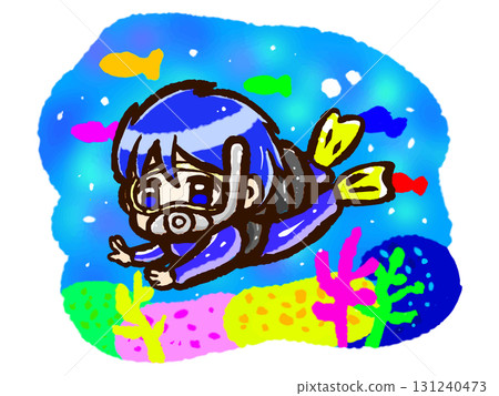 Chibi character illustration of a man scuba diving in the ocean 131240473