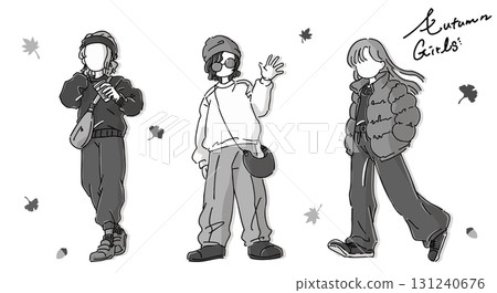 Simple and cute hand-drawn illustrations of girls in autumn outfits, monochrome 131240676