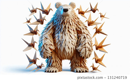 A surreal bear made of origami papers unfolding into cranes. 131240719