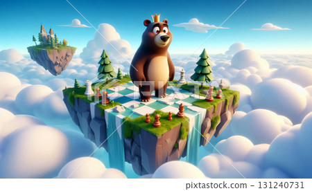 A bear standing on a chessboard island floating in the sky. 131240731
