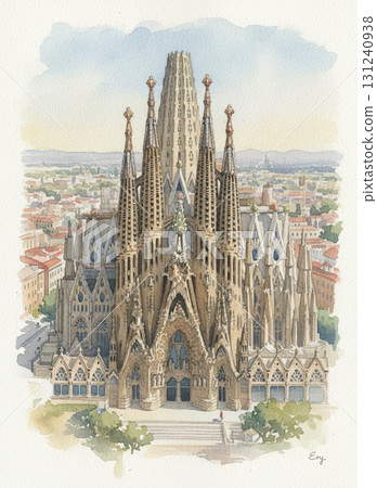 白天，象徵西班牙的世界遺產聖家堂的美麗水彩畫 131240938