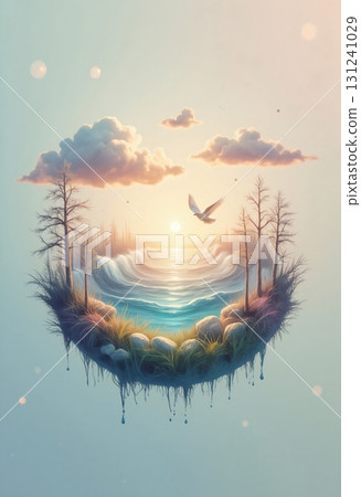 Floating island with ocean waves and bright sunrise 131241029