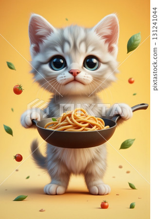 Cute cat chef holding frying pan with spaghetti pasta 131241044