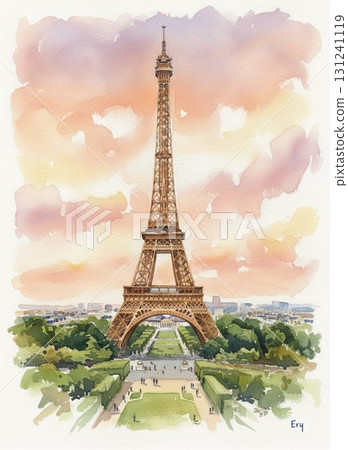 A beautiful watercolor illustration of the Eiffel Tower in Paris, a symbol of France 131241119