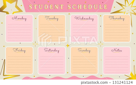 Vector student schedule template in pink, gold and orange colors. Timetable for learners, elegant luxury design, premium weekly lesson planner Vector student schedule template in pink, gold and orange colors. Timetable for learners, elegant luxury design, premium weekly lesson planner 131241124