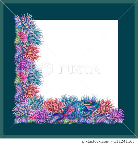 Watercolor square frame with a rainbow tropical parrotfish among vibrant corals, sea anemones, white background. Template for sea designs, cards, stickers, scrapbooking, textiles, diving, snorkeling Watercolor square frame with a rainbow tropical parrotfish among vibrant corals, sea anemones, white background. Template for sea designs, cards, stickers, scrapbooking, textiles, diving, snorkeling 131241165