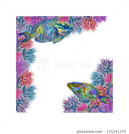 Corner frame with a rainbow tropical parrotfish among vibrant corals, sea anemones. Watercolor floral template for marine designs, cards, stickers, scrapbooking, textiles, diving, snorkeling Corner frame with a rainbow tropical parrotfish among vibrant corals, sea anemones. Watercolor floral template for marine designs, cards, stickers, scrapbooking, textiles, diving, snorkeling 131241170
