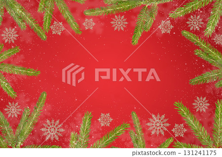 Christmas red background of green trees and snowflakes with space for greetings, labels and your design. Holiday card for New Year and Christmas Christmas red background of green trees and snowflakes with space for greetings, labels and your design. Holiday card for New Year and Christmas 131241175