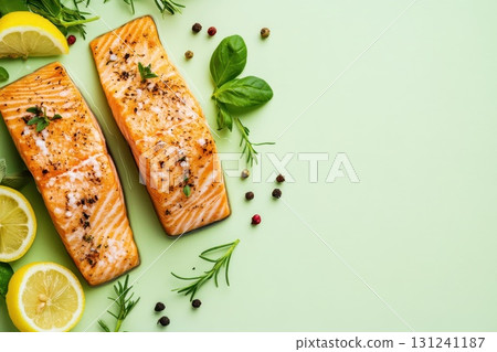grilled salmon on black stone 131241187